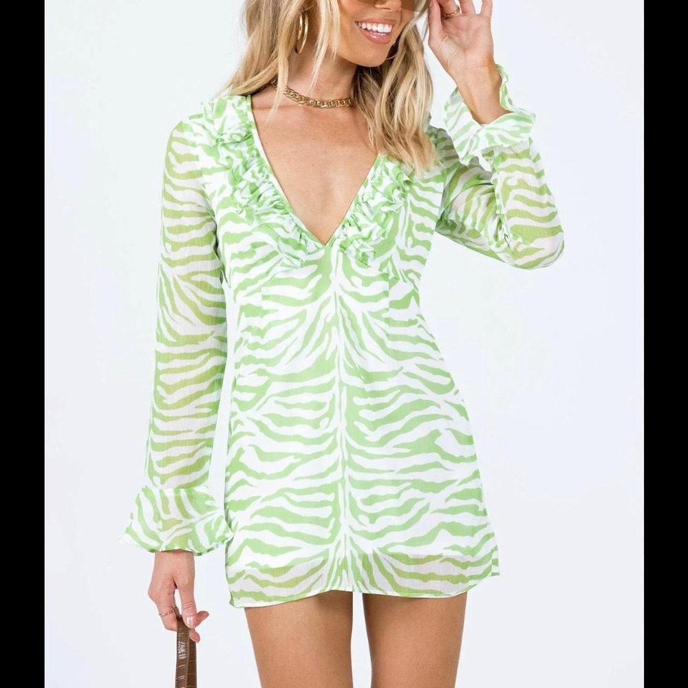 Princess Polly Mini Dress Green Zebra Animal Print Ruffle Women 4 Coquette Party